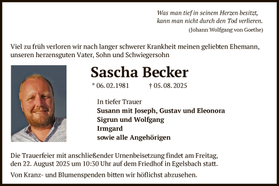 Traueranzeige von Sascha Becker von OFOP