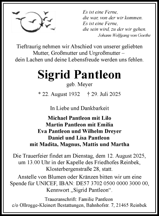 Traueranzeige von Sigrid Pantleon von OFOP