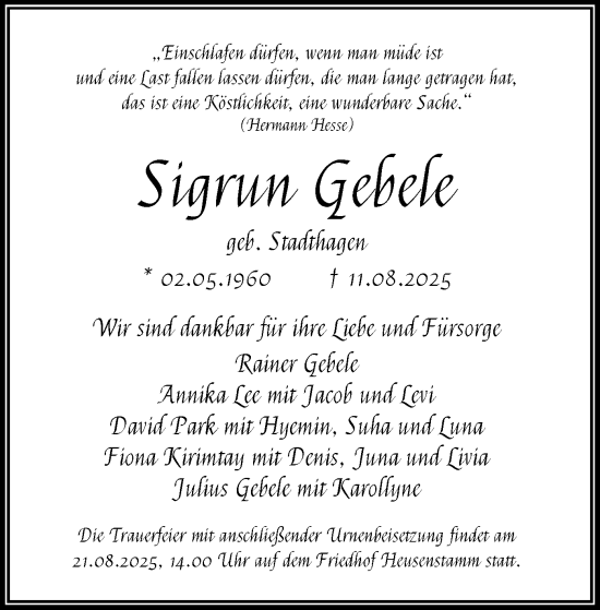 Traueranzeige von Sigrun Gebele von OF0T