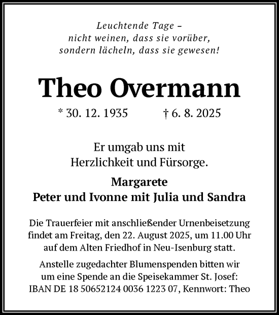 Traueranzeige von Theo Overmann von OF0W
