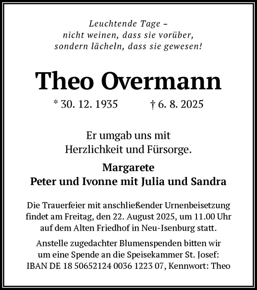  Traueranzeige für Theo Overmann vom 16.08.2025 aus OF0W