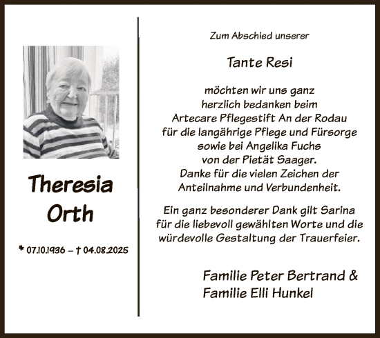 Traueranzeige von Theresia Orth von OF0L