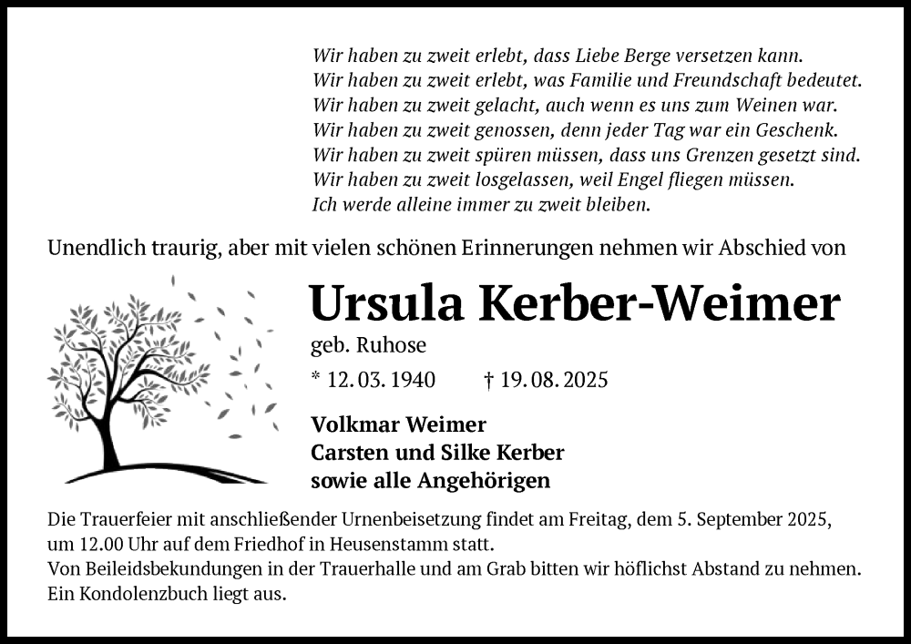  Traueranzeige für Ursula Kerber-Weimer vom 30.08.2025 aus OFOP