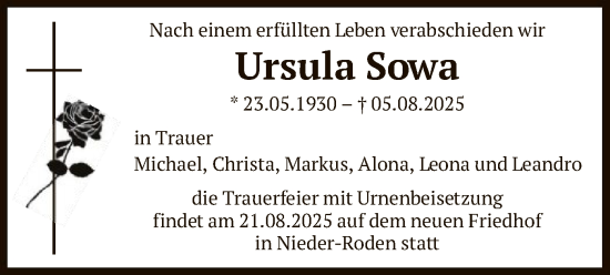 Traueranzeige von Ursula Sowa von OFOP