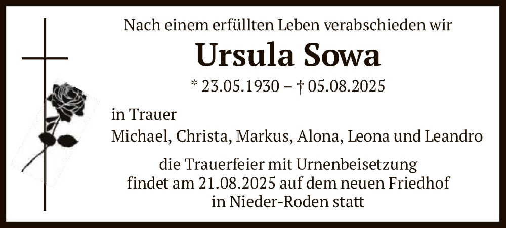  Traueranzeige für Ursula Sowa vom 16.08.2025 aus OFOP