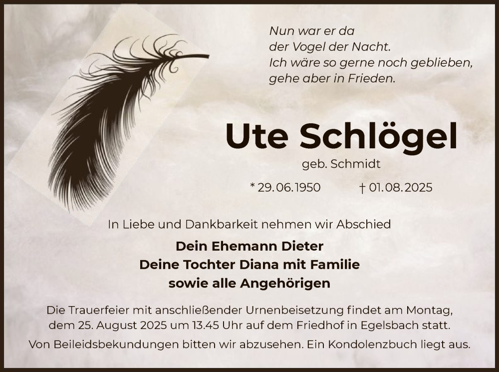  Traueranzeige für Ute Schlögel vom 16.08.2025 aus OF0W