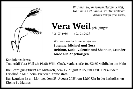 Traueranzeige von Vera Weil von OFOP