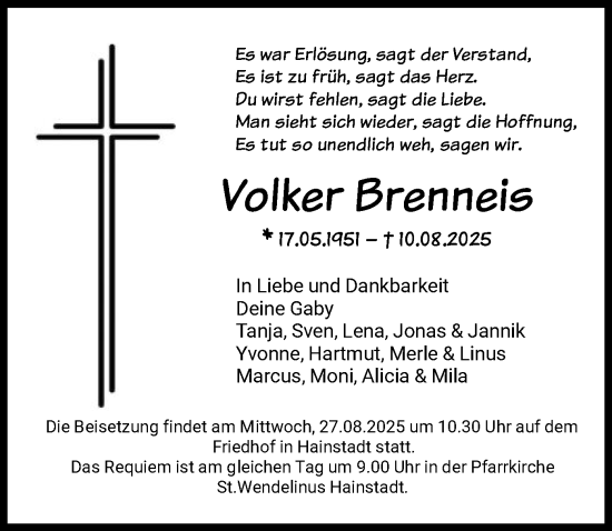Traueranzeige von Volker Brenneis von OF0L