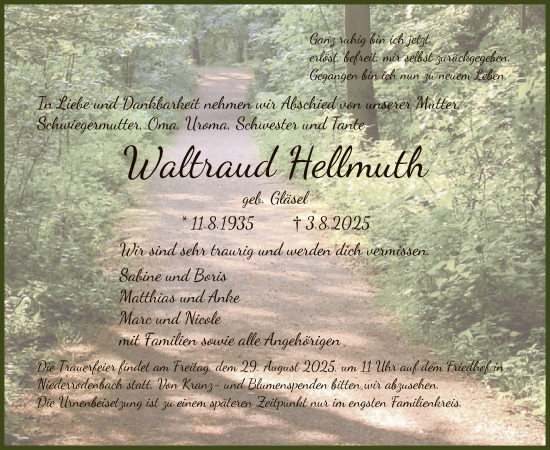 Traueranzeige von Waltraud Hellmuth von OFHA