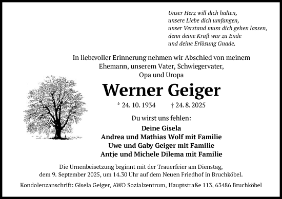 Traueranzeige von Werner Geiger von OFHA