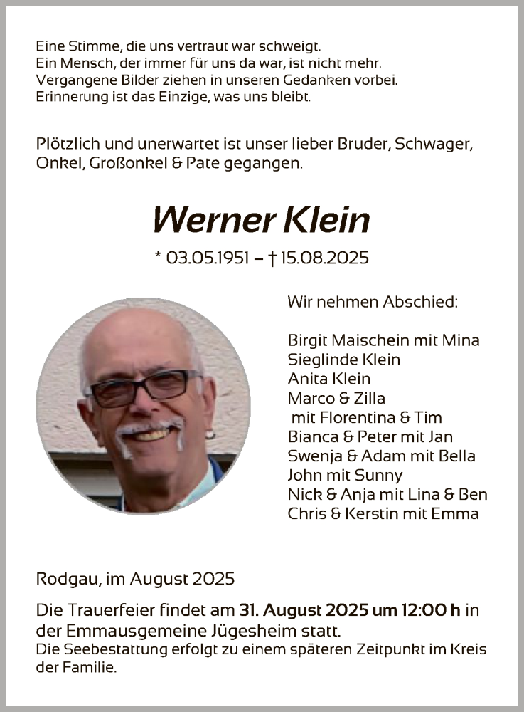  Traueranzeige für Werner Klein vom 30.08.2025 aus OFOP