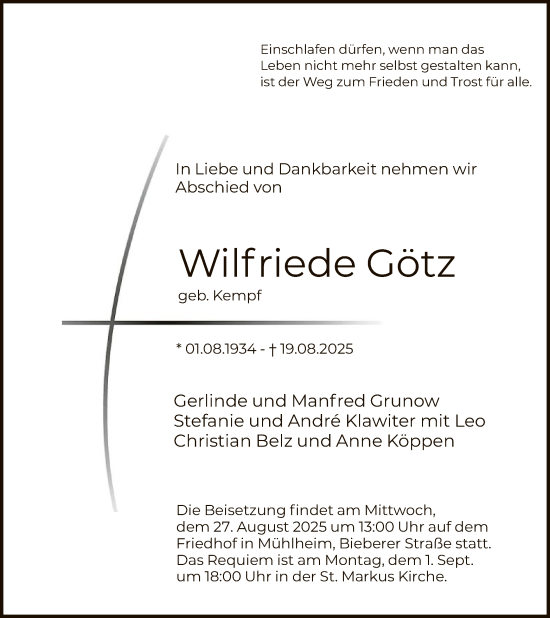 Traueranzeige von Wilfriede Götz von OFOP