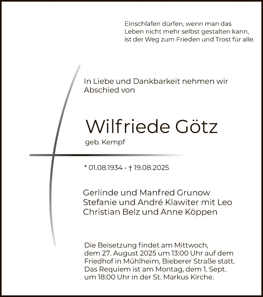 Traueranzeige für Wilfriede Götz vom 30.08.2025 aus OFOP