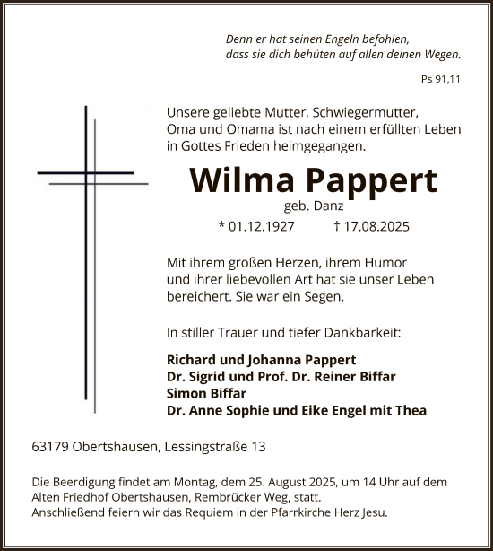 Traueranzeige von Wilma Pappert von OFOP