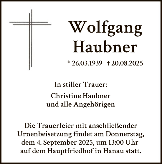 Traueranzeige von Wolfgang Haubner von OFHA