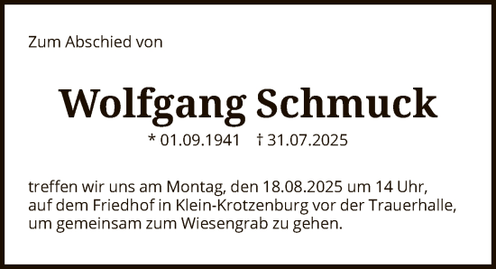 Traueranzeige von Wolfgang Schmuck von OFOP