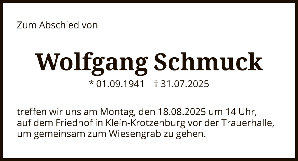  Traueranzeige für Wolfgang Schmuck vom 16.08.2025 aus OFOP