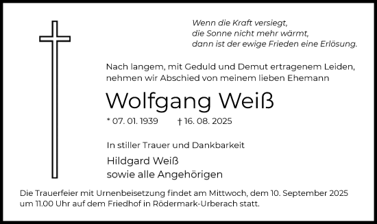 Traueranzeige von Wolfgang Weiß von OFOP
