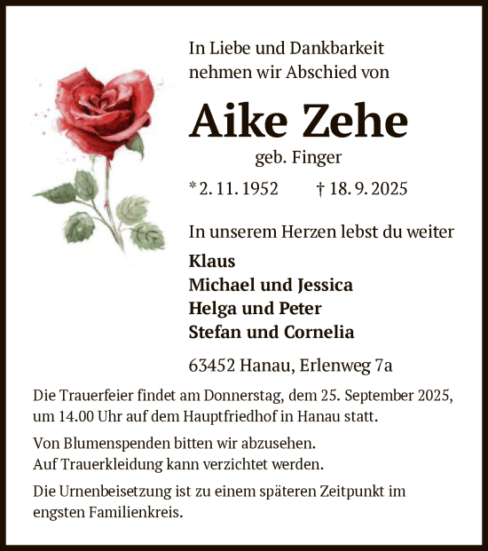 Traueranzeige von Aike Zehe von OFHA