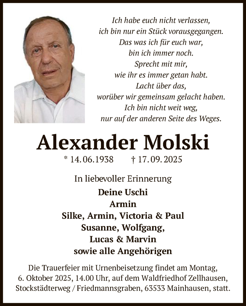  Traueranzeige für Alexander Molski vom 27.09.2025 aus OFOP