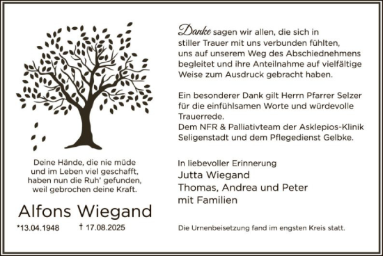 Traueranzeige von Alfons Wiegand von OF0L