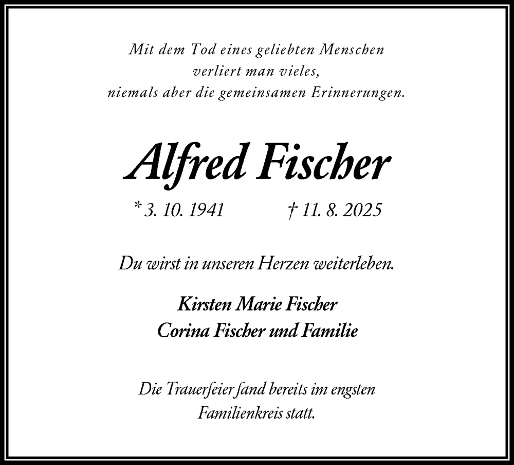  Traueranzeige für Alfred Fischer vom 06.09.2025 aus BOWO