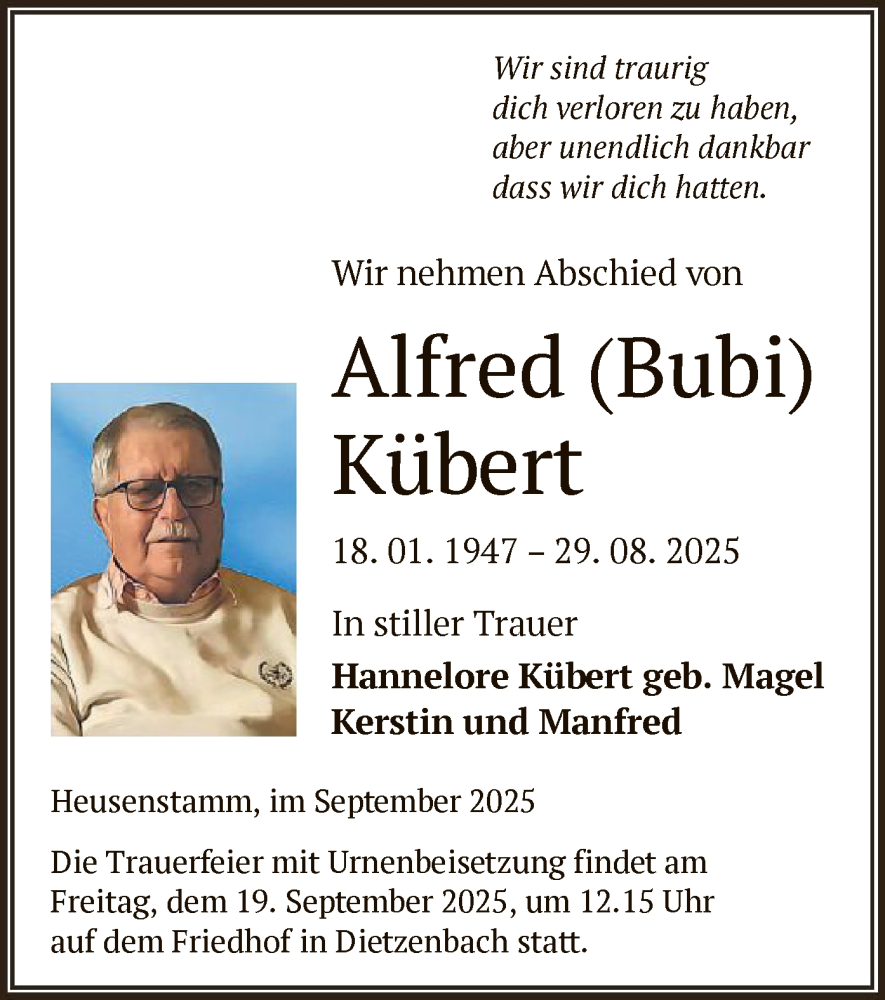  Traueranzeige für Alfred Kübert vom 13.09.2025 aus OF0T