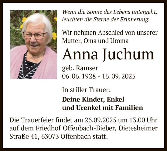 Traueranzeige von Anna Juchum von OFOP