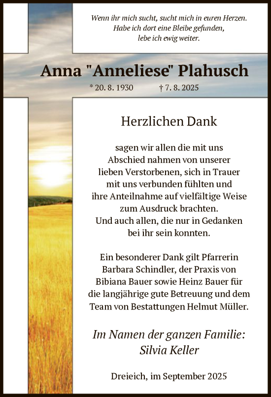 Traueranzeige von Anna Plahusch von OFOP