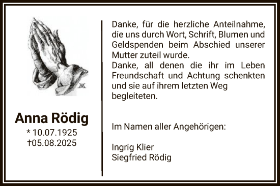 Traueranzeige von Anna Rödig von OF0L