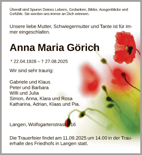 Traueranzeige von Anna Maria Görich von OFOP