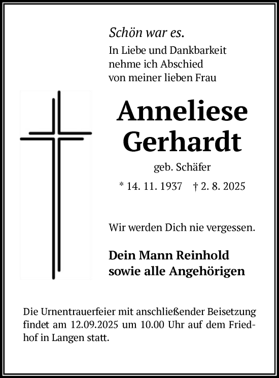 Traueranzeige von Anneliese Gerhardt von OFOP