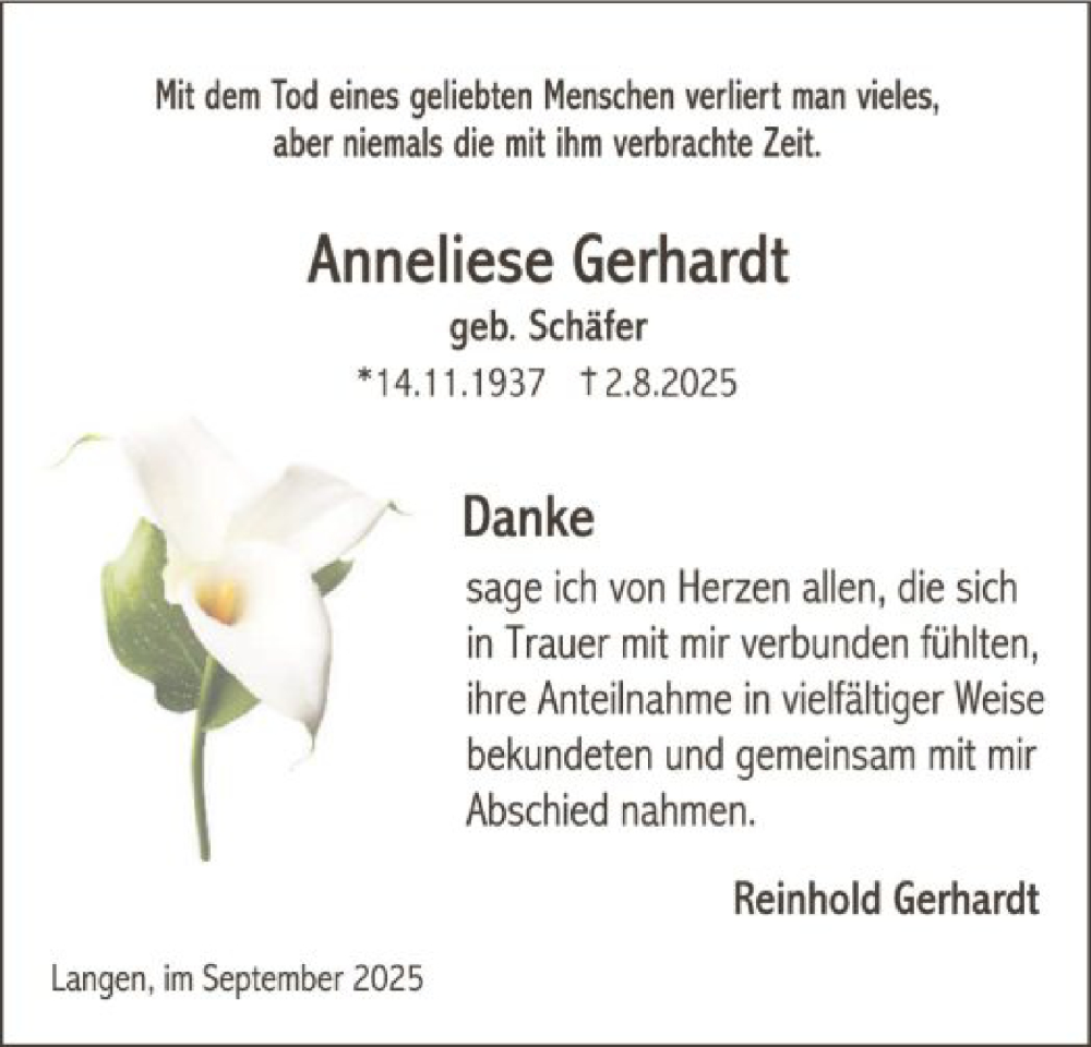  Traueranzeige für Anneliese Gerhardt vom 13.09.2025 aus OFOP