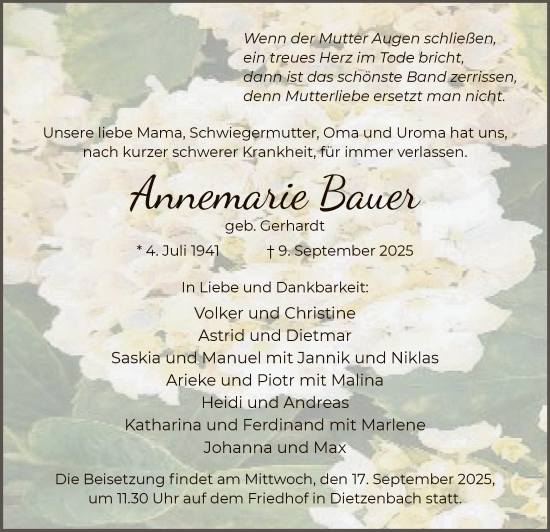 Traueranzeige von Annemarie Bauer von OFOP