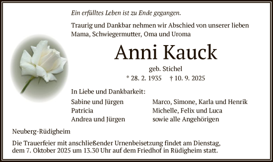 Traueranzeige von Anni Kauck von OFHA