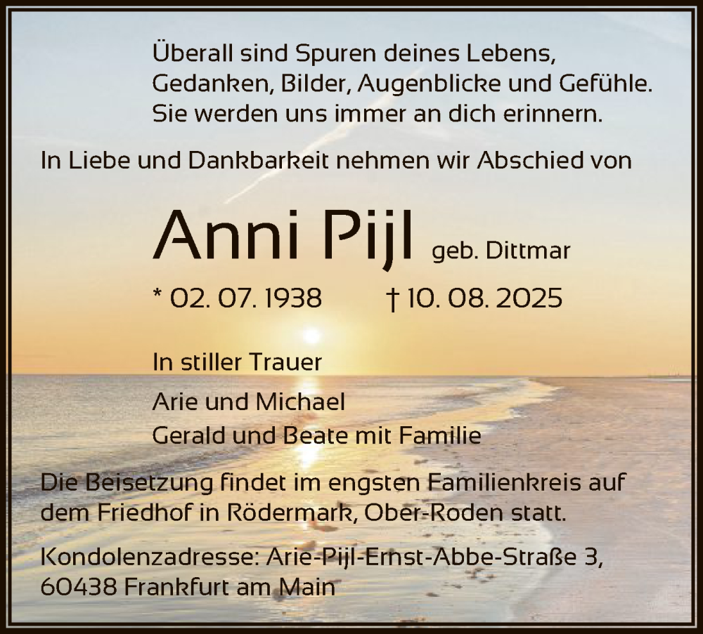  Traueranzeige für Anni Pijl vom 06.09.2025 aus OF0L