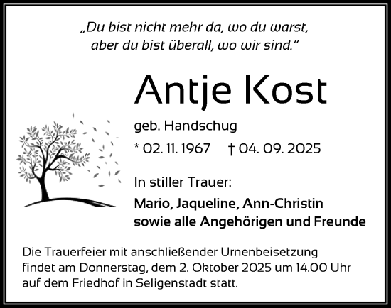 Traueranzeige von Antje Kost von OFOP