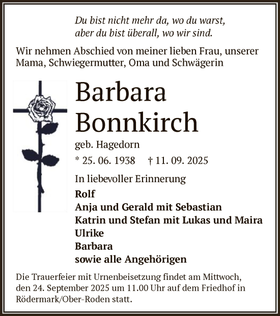 Traueranzeige von Barbara Bonnkirch von OF0L