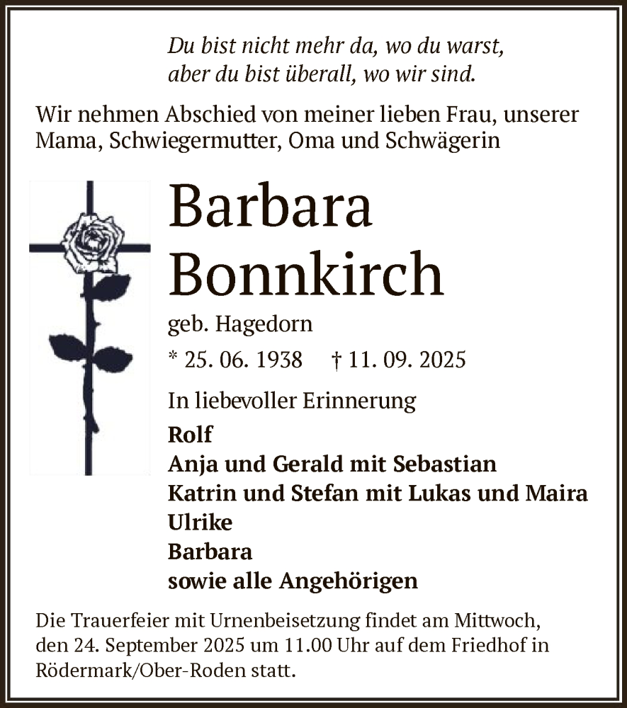  Traueranzeige für Barbara Bonnkirch vom 20.09.2025 aus OF0L