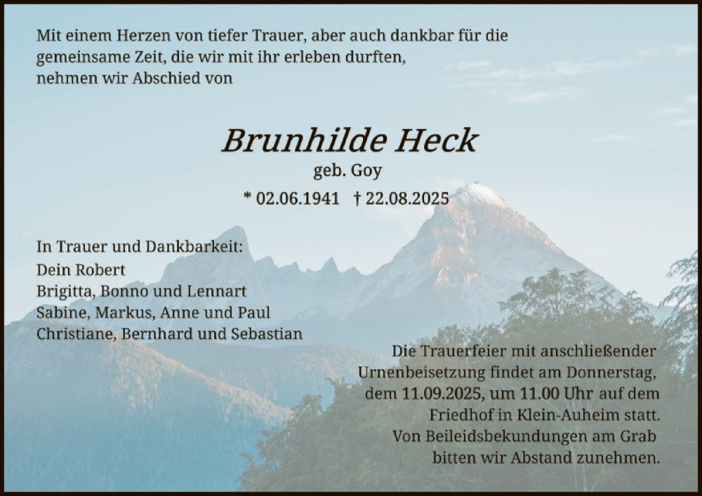  Traueranzeige für Brunhilde Heck vom 06.09.2025 aus OFOP