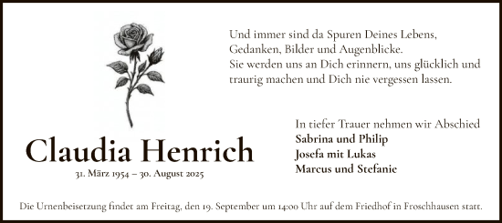 Traueranzeige von Claudia Henrich von OF0L