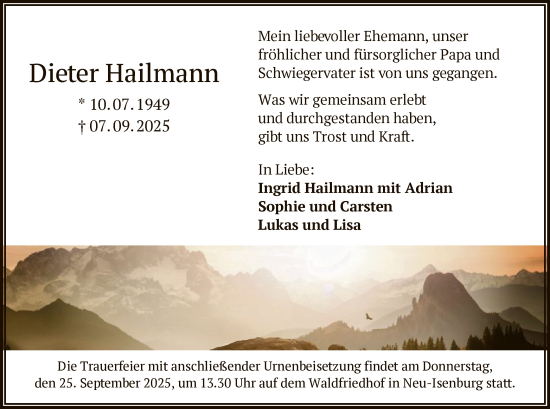 Traueranzeige von Dieter Hailmann von OFOP