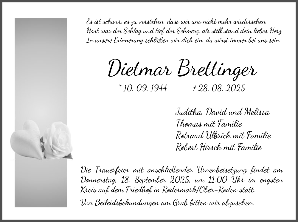  Traueranzeige für Dietmar Brettinger vom 06.09.2025 aus OF0L