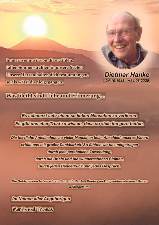 Traueranzeige von Dietmar Hanke von OFHA