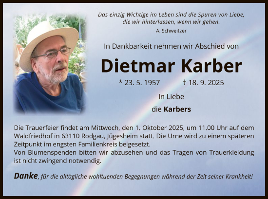 Traueranzeige von Dietmar Karber von OF0L