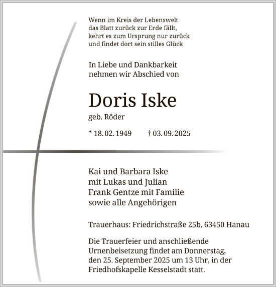 Traueranzeige von Doris Iske von OFHA
