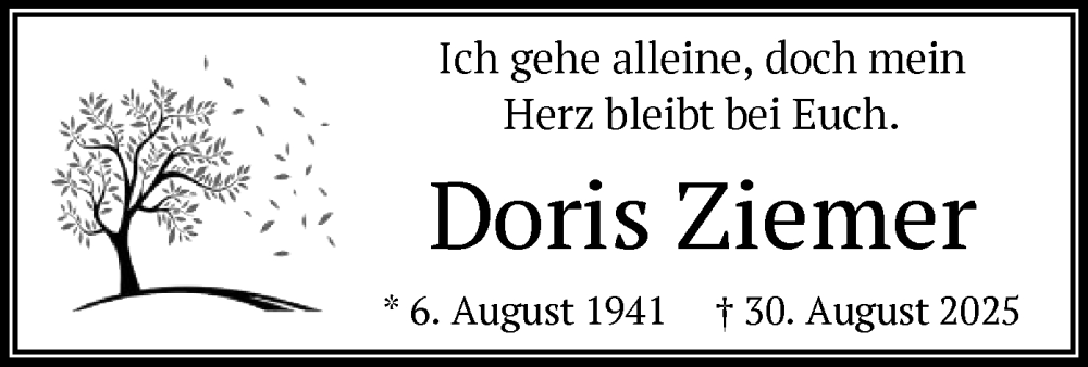  Traueranzeige für Doris Ziemer vom 13.09.2025 aus BOWO