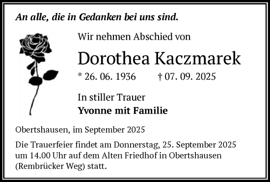 Traueranzeige von Dorothea Kaczmarek von OF0T