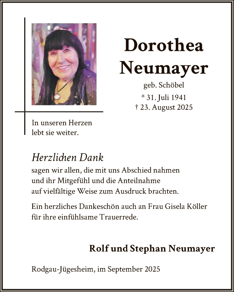  Traueranzeige für Dorothea Neumayer vom 13.09.2025 aus OFOP
