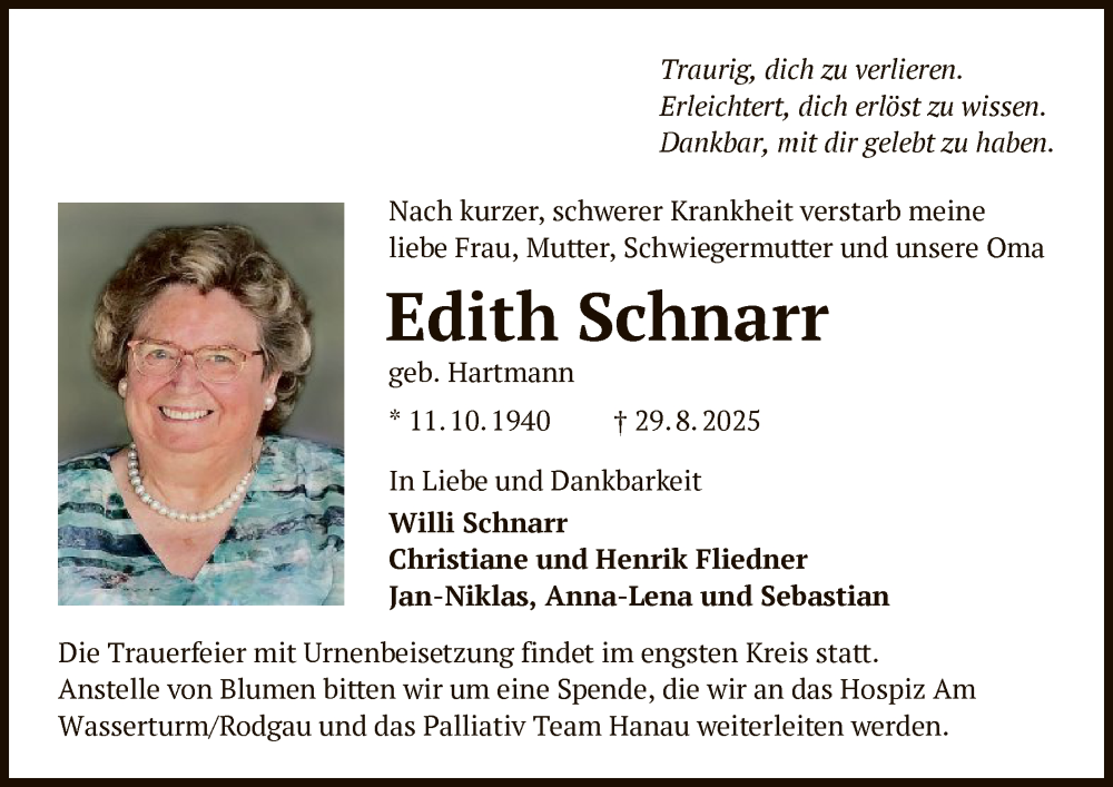  Traueranzeige für Edith Schnarr vom 06.09.2025 aus OFHA